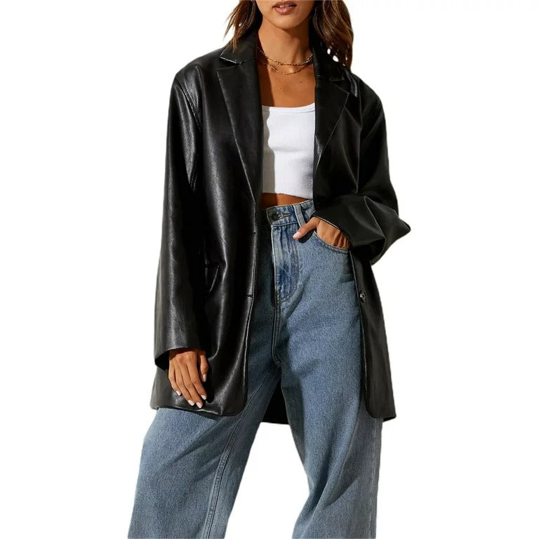 Women Oversized Black Leather Coat