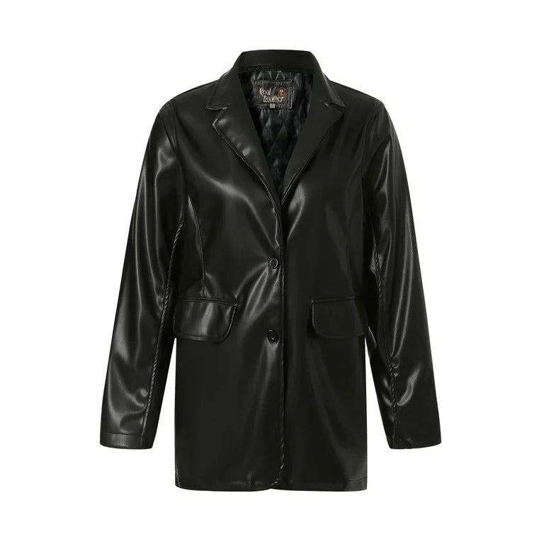 Women Oversized Black Leather Coat