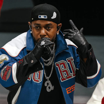 Halftime Super Bowl 2025 Gloria Kendrick Lamar Blue Leather Jacket