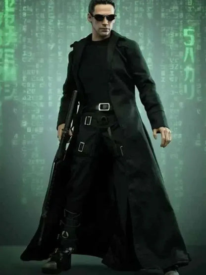 The Neo Matrix Trench Coat - Keanu Reeves Black Leather & Wool Long Coat for Men & Women | Movie Replica & Cosplay Jacket