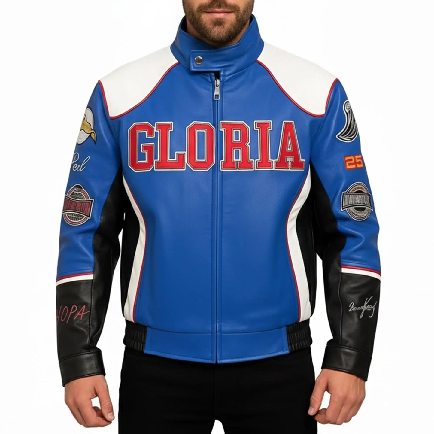Halftime Super Bowl 2025 Gloria Kendrick Lamar Blue Leather Jacket