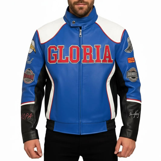 Halftime Super Bowl 2025 Gloria Kendrick Lamar Blue Leather Jacket