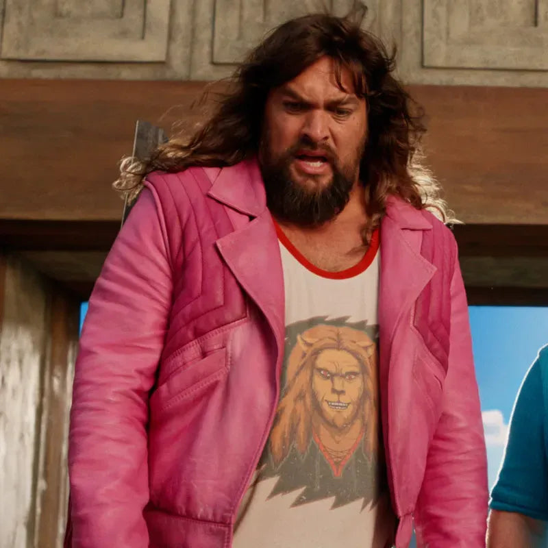 Jason Momoa A Minecraft Movie Leather Jacket - Garrett Garrison Pink Fringe Jacket