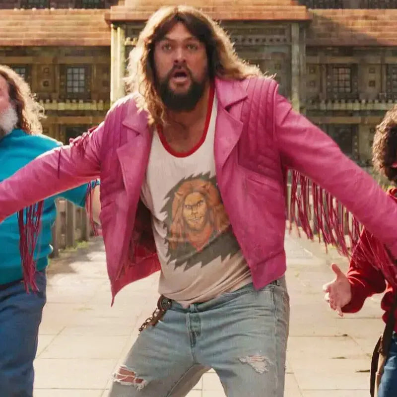 Jason Momoa A Minecraft Movie Leather Jacket - Garrett Garrison Pink Fringe Jacket