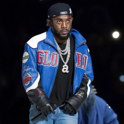 Halftime Super Bowl 2025 Gloria Kendrick Lamar Blue Leather Jacket