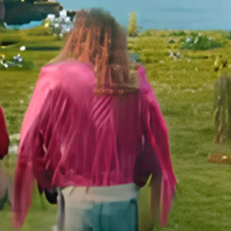 Jason Momoa A Minecraft Movie Leather Jacket - Garrett Garrison Pink Fringe Jacket