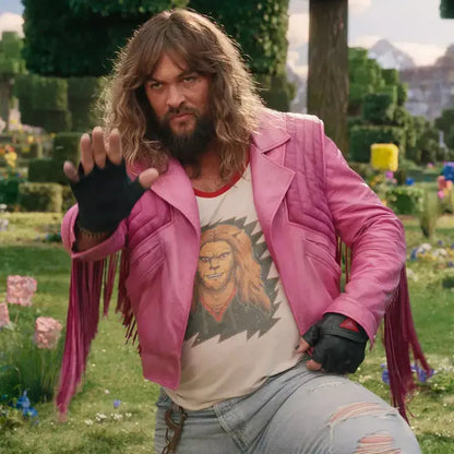 Jason Momoa A Minecraft Movie Leather Jacket - Garrett Garrison Pink Fringe Jacket