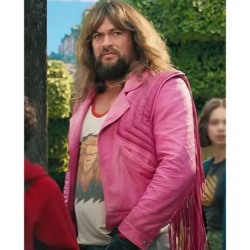 Jason Momoa A Minecraft Movie Leather Jacket - Garrett Garrison Pink Fringe Jacket